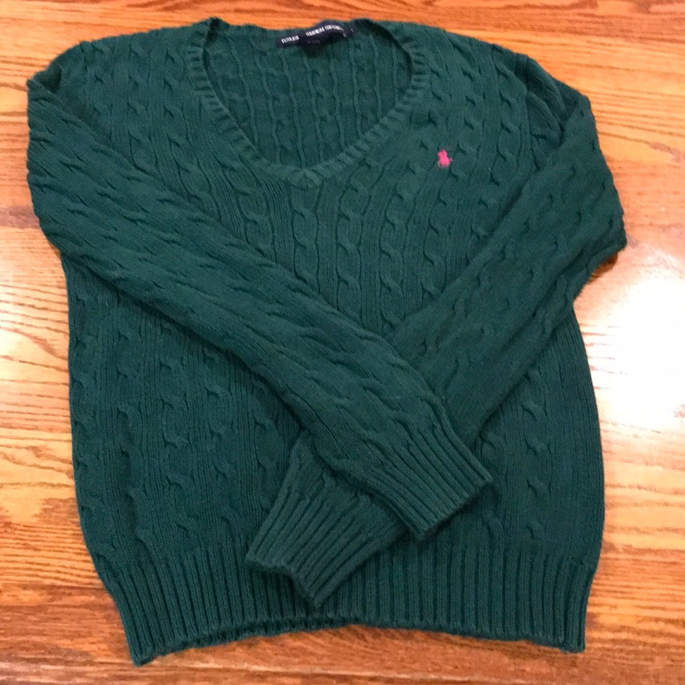 V Neck Sweater. Dark green